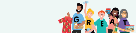 Image of five different coloured t-shirts spelling out great